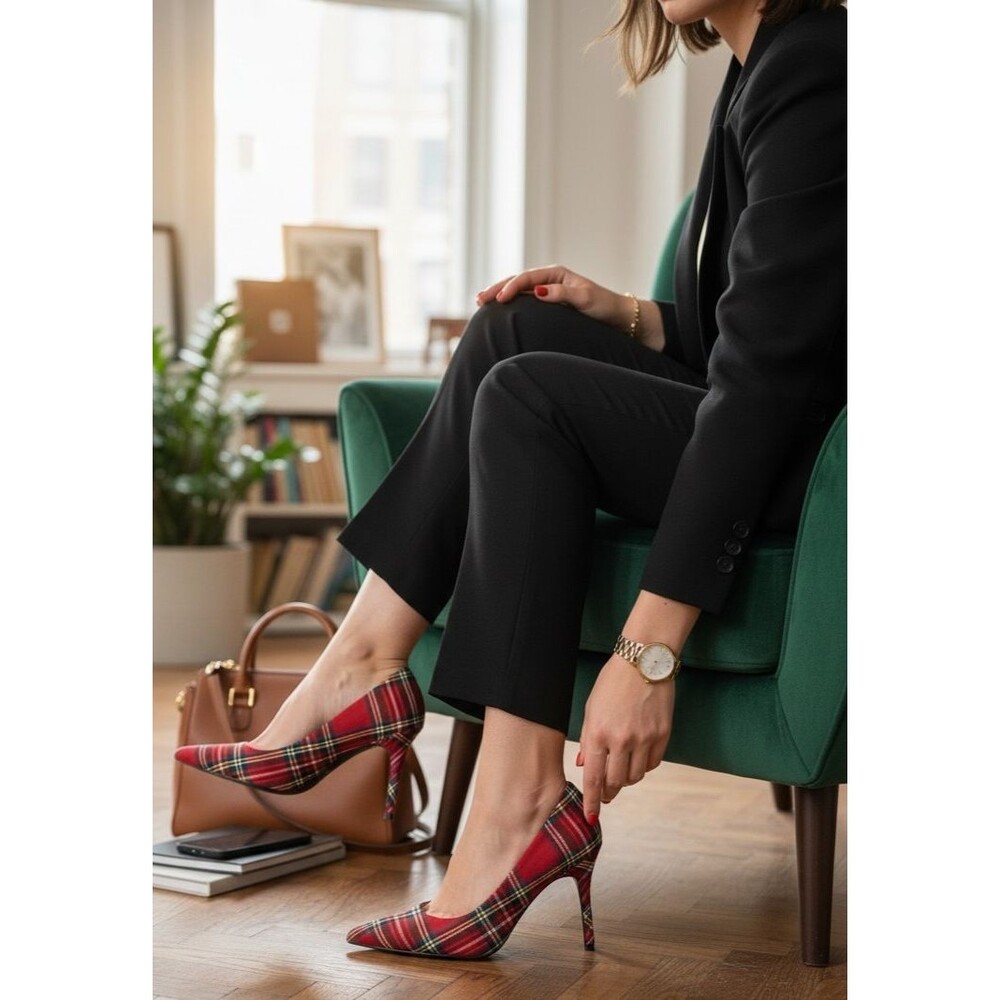 DESIGNER J CREW RED PLAID POINTED TOE 3 1/2 " HEEL PUMPS 7.5 M